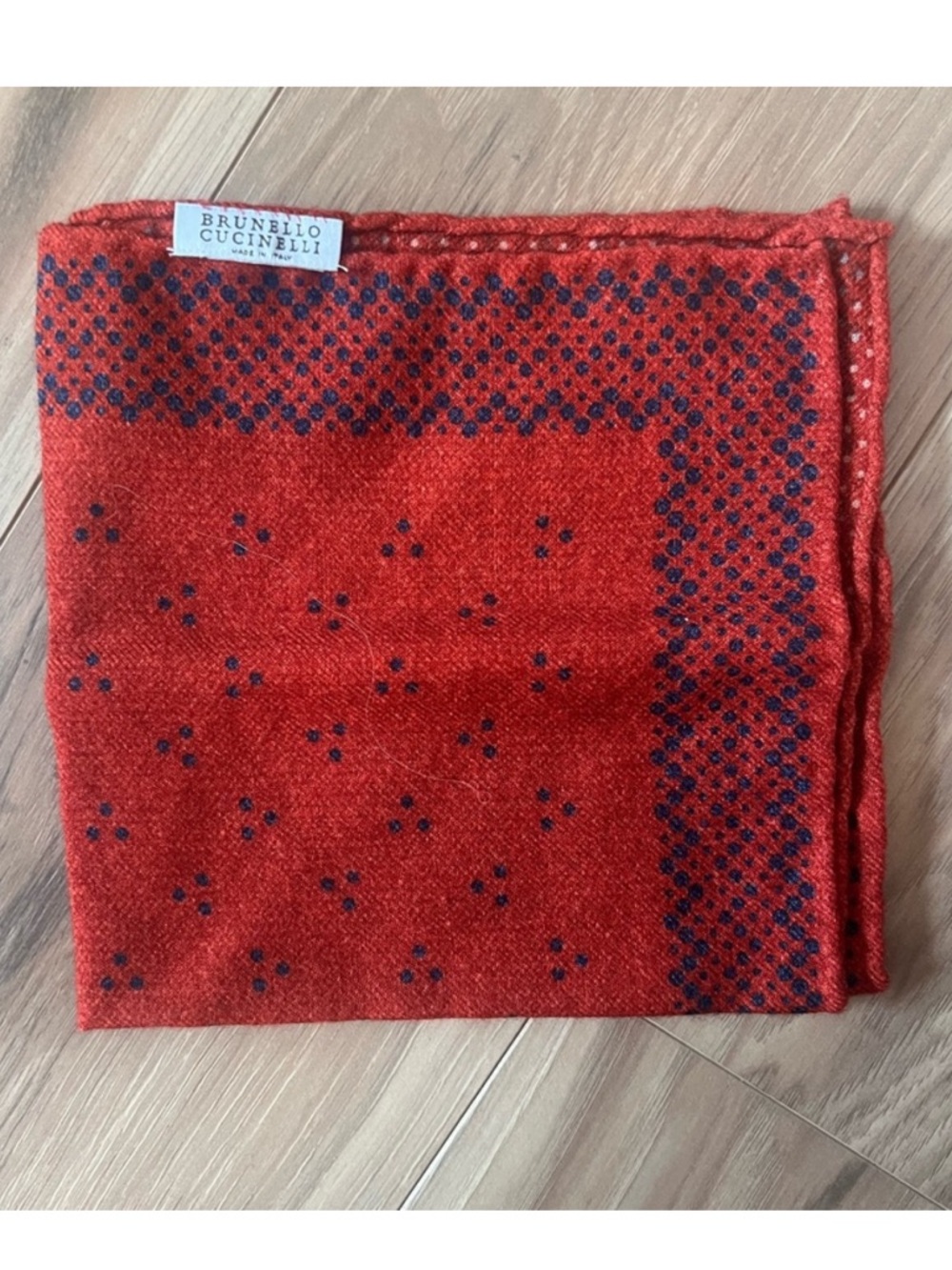 Brunello Cucinelli Men's Silk Pocket Square – Red with Navy Dot Accent Pocket